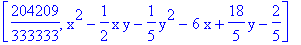 [204209/333333, x^2-1/2*x*y-1/5*y^2-6*x+18/5*y-2/5]